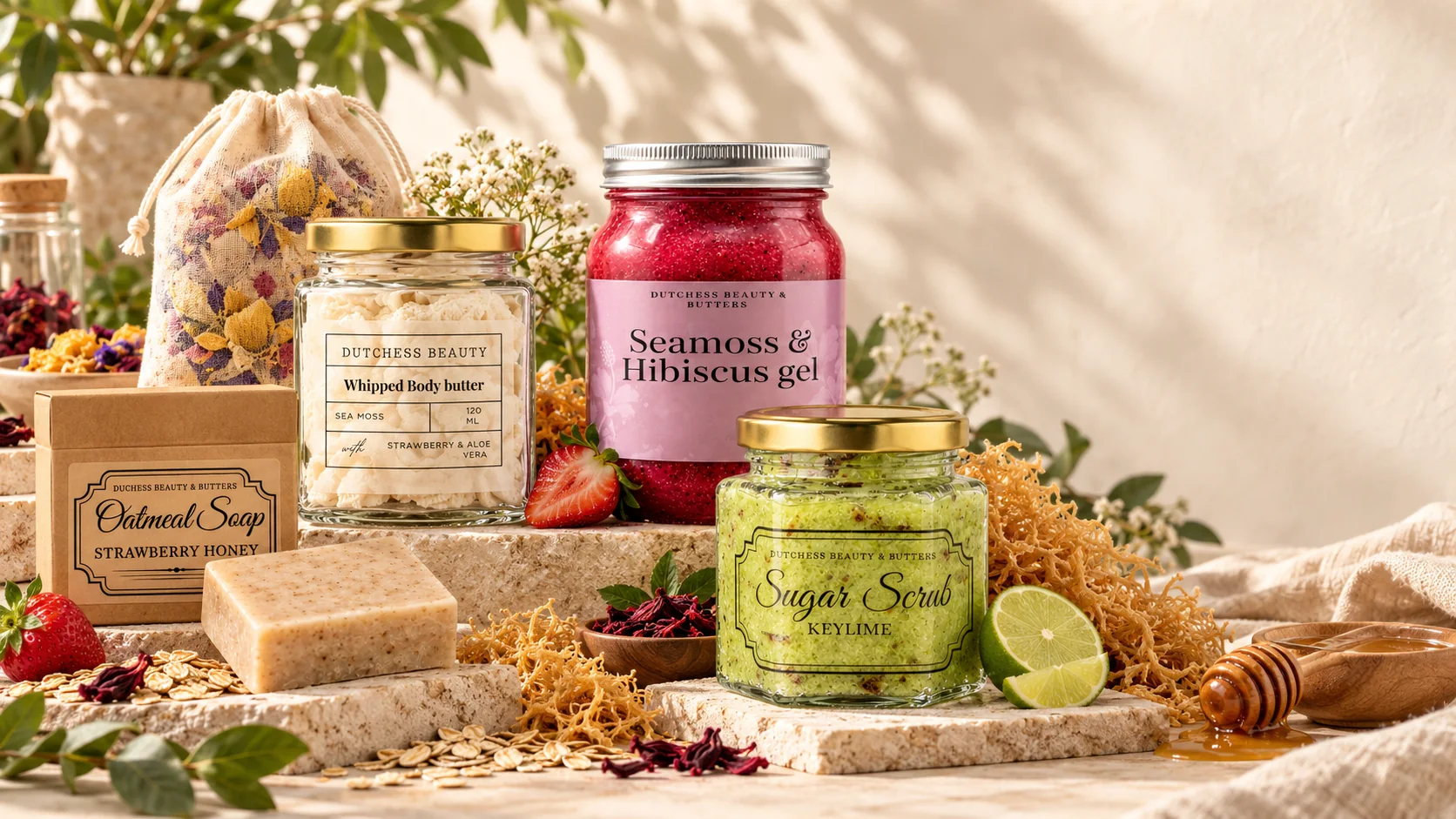 Dutchess Beauty products on sunlit travertine: a whipped body butter with strawberry and aloe vera, Seamoss & Hibiscus gel, Keylime sugar scrub, Strawberry Honey oatmeal soap and a botanical bath tea, among golden sea moss, hibiscus, oats, lime and honey