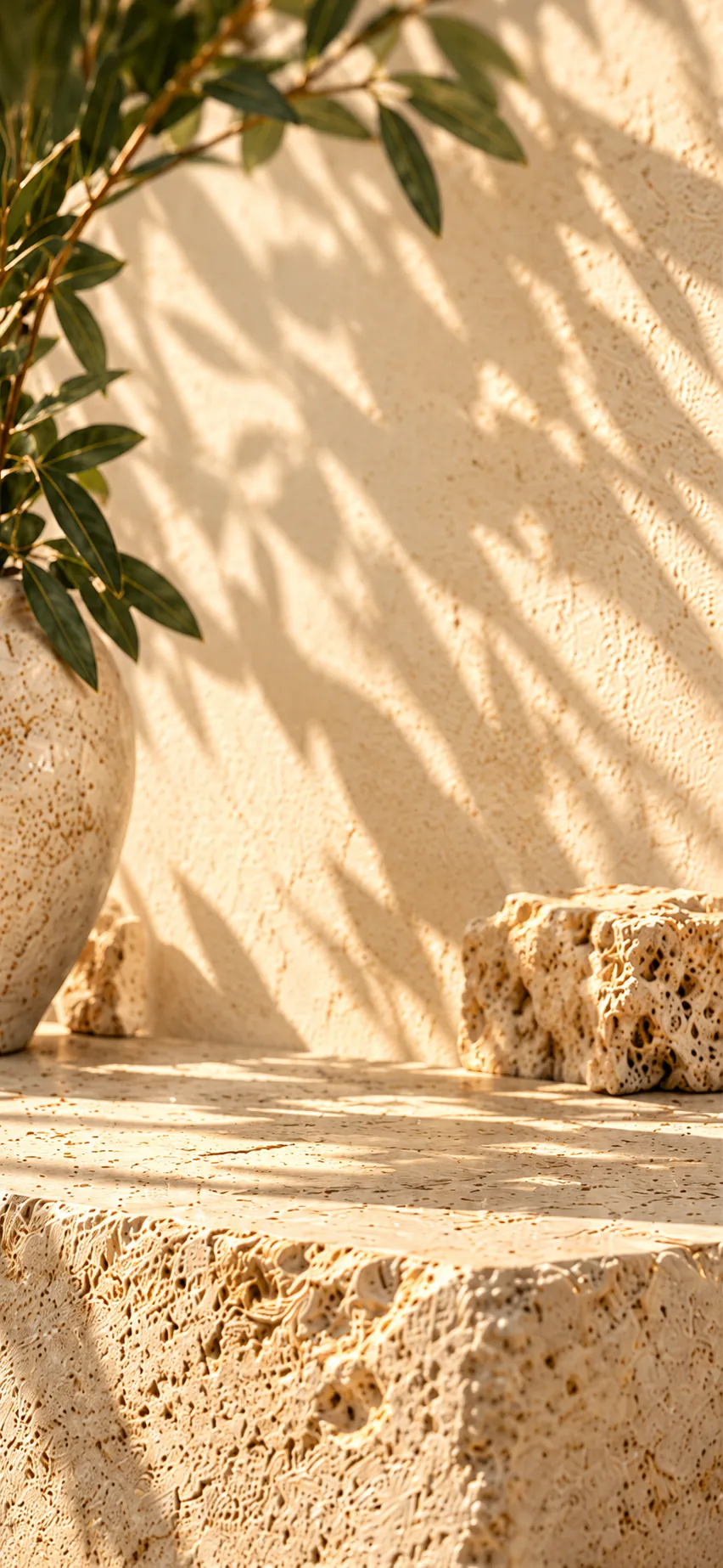 Sunlit plaster wall with leaf shadows and a travertine plinth