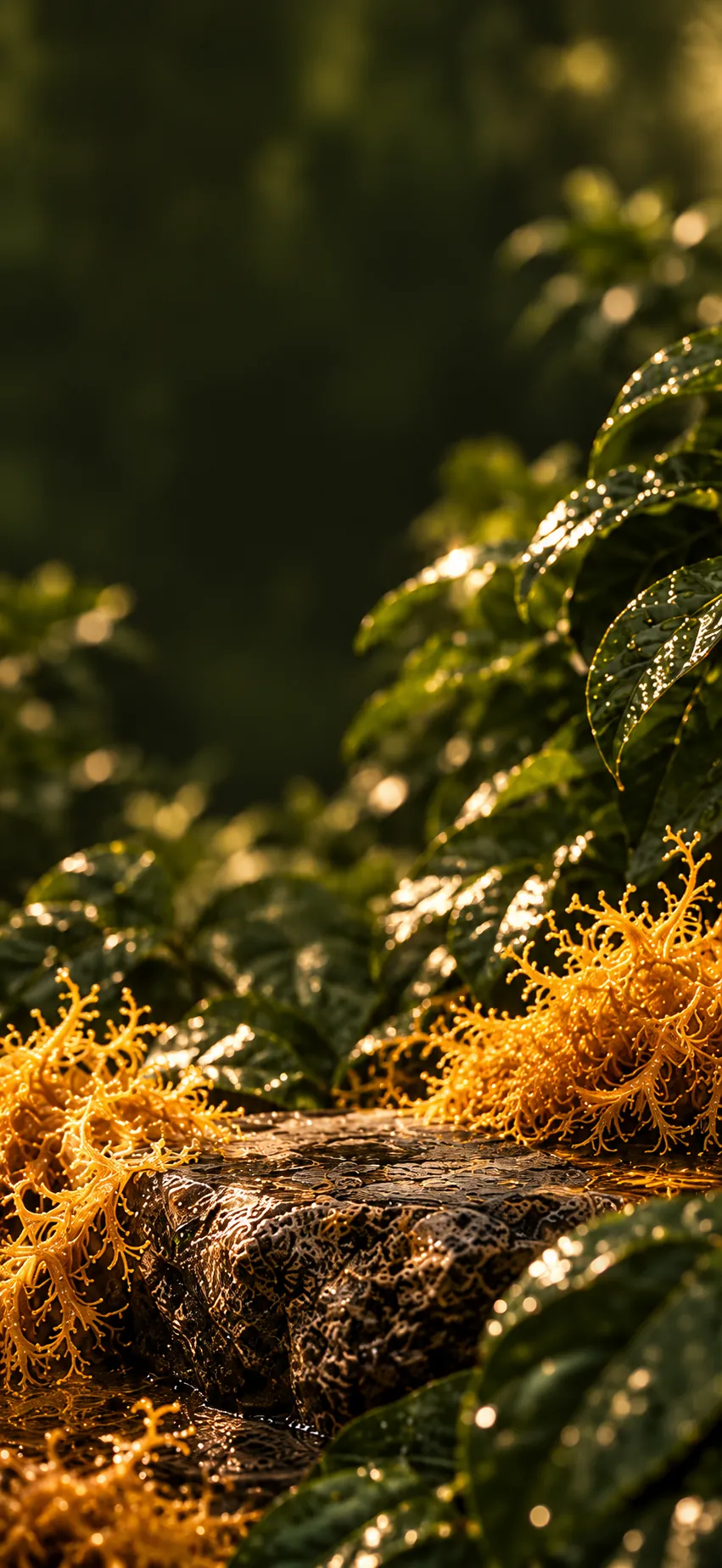 Golden sea moss on a rock in a sunlit forest