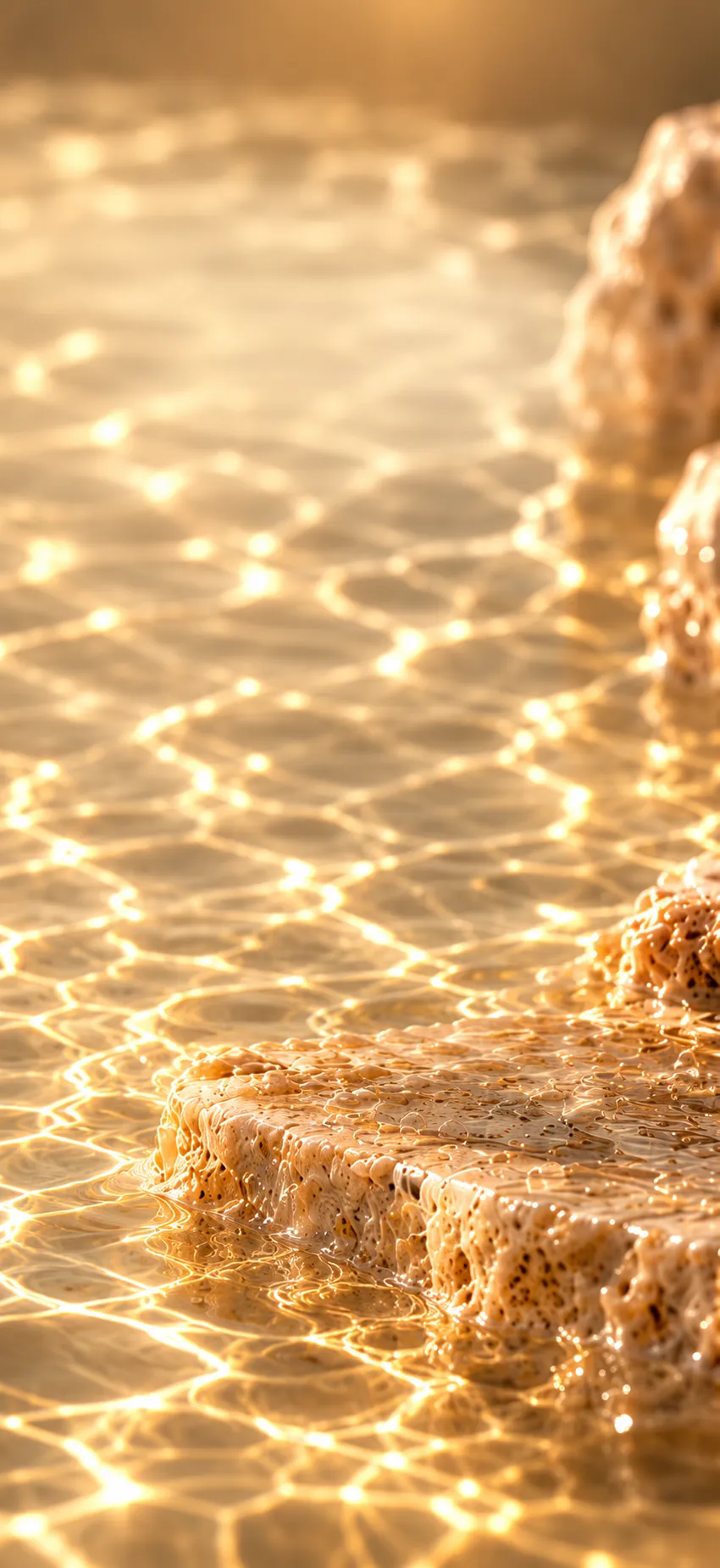 Golden water rippling over a travertine pedestal
